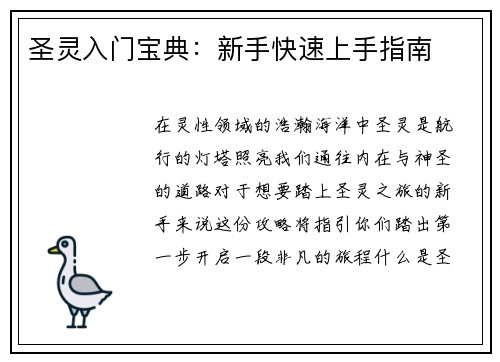 圣灵入门宝典：新手快速上手指南